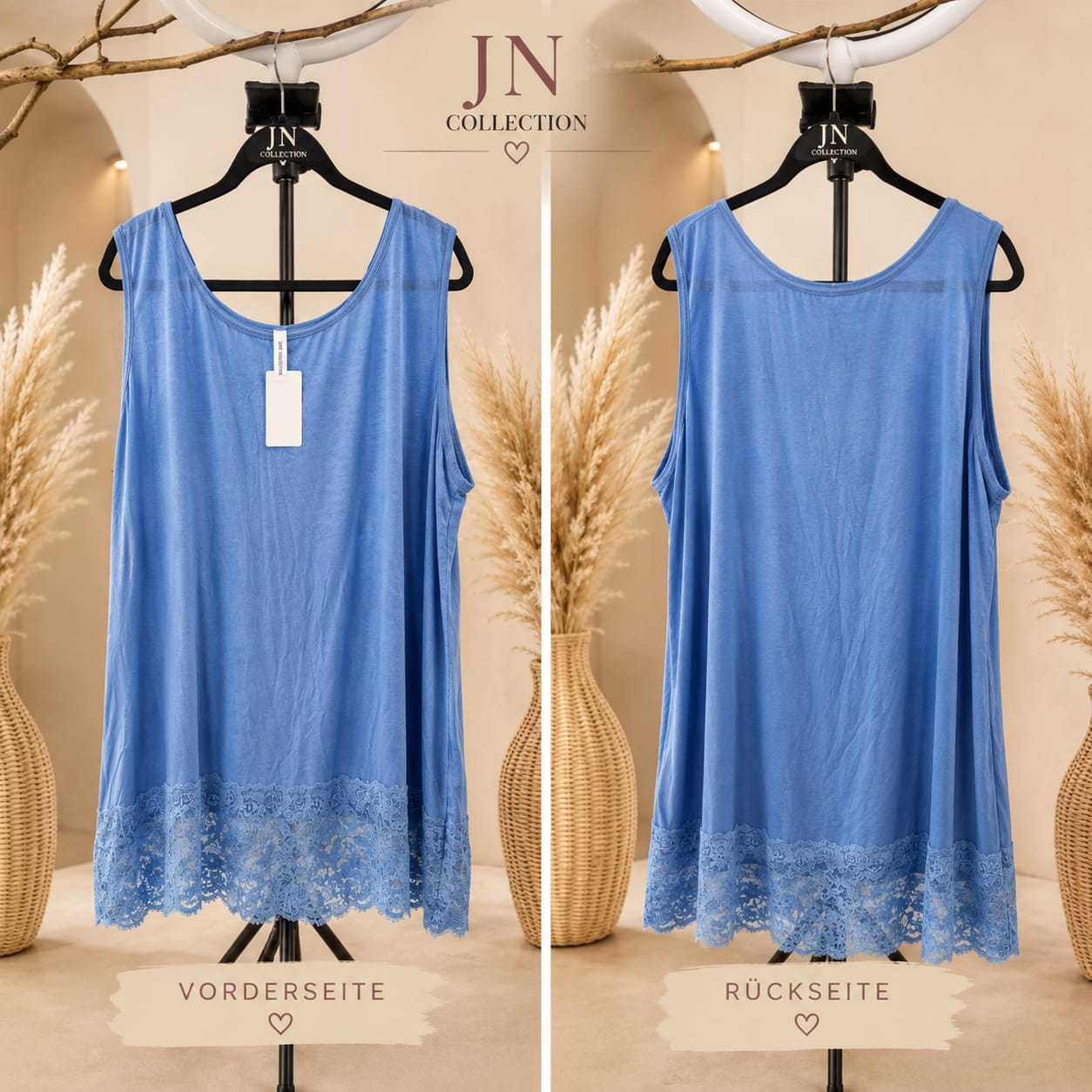 Damen Longtop Tunika Blau Spitze Ärmellos Stretch Oversize Übergröße Lagenlook – Produktbild 1