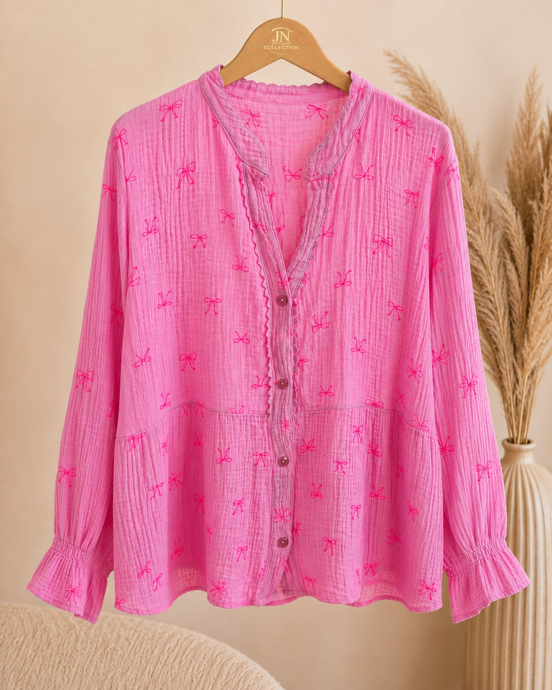 Damen Musselin Bluse Pink Schleifen Baumwolle Oversize Made in Italy – Produktbild 1