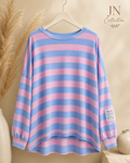 Damen Ringelpullover Rosa Blau Oversize Longshirt Curvy 44-56 – Produktbild 1