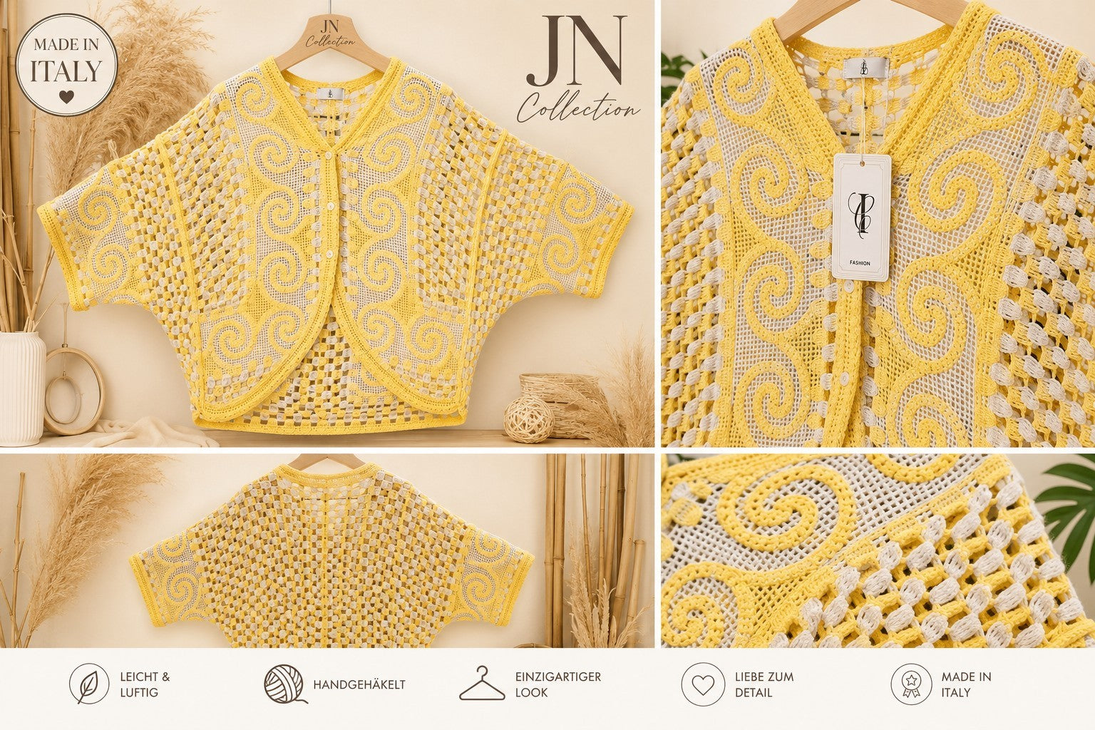 Damen Boho Häkeljacke Lochmuster Cardigan Baumwolle Größe 40–50 – Produktbild 2