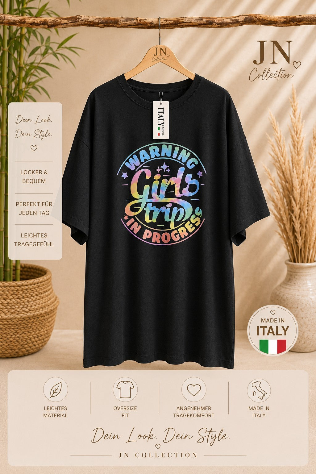 Damen Oversize T-Shirt Größe 44–58 Schwarz Girls Trip Print Made in Italy – Produktbild 1