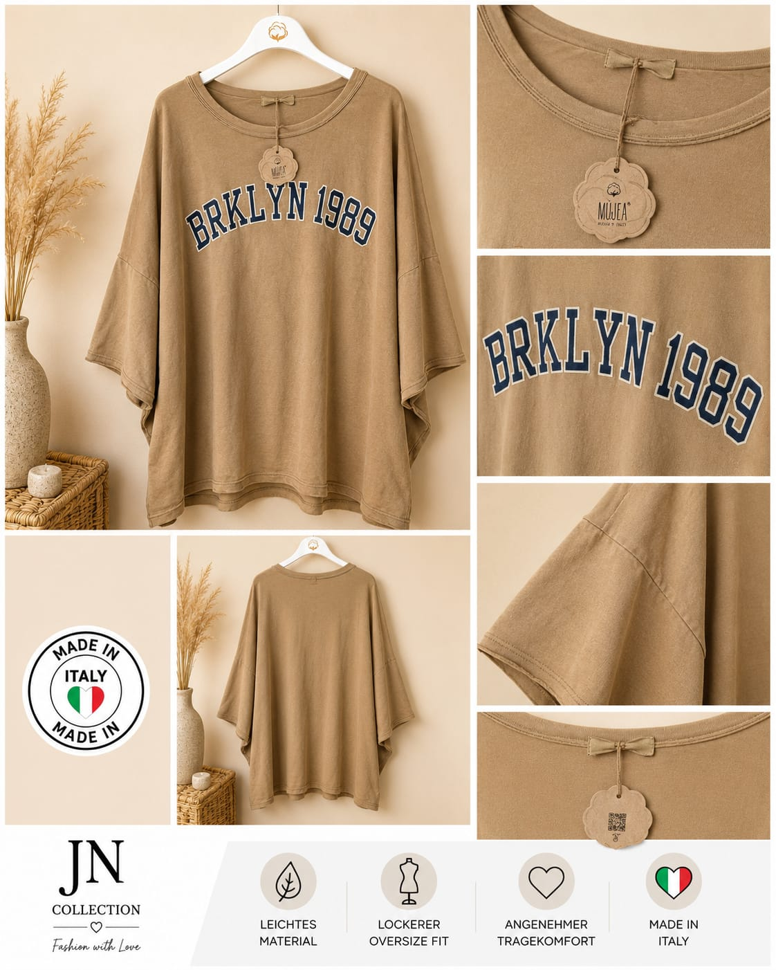 Damen Oversize T-Shirt BRKLYN 1989 Camel 48-54 Vintage Made in Italy XXL Top – Produktbild 1