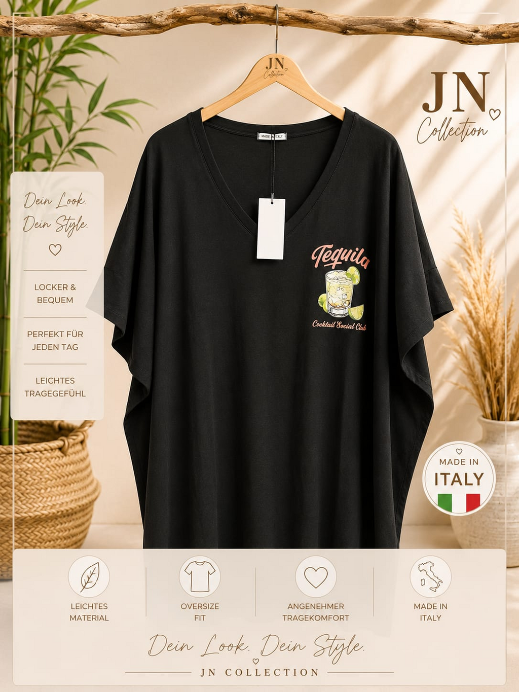 Damen Oversize Longshirt Tequila Schwarz 48-56 V-Ausschnitt Made in Italy – Produktbild 2