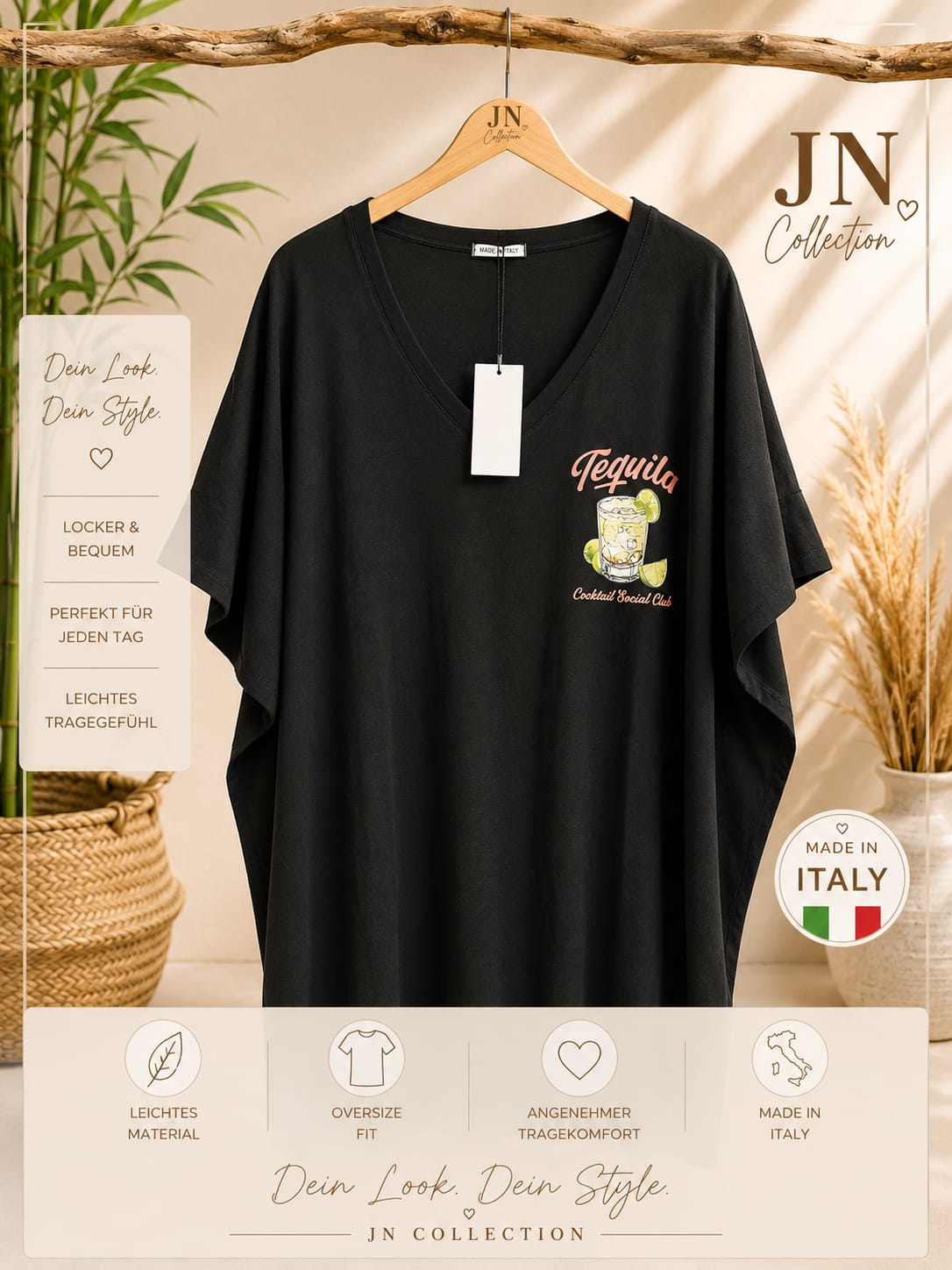 Damen Oversize Longshirt Tequila Schwarz 48-56 V-Ausschnitt Made in Italy – Produktbild 2