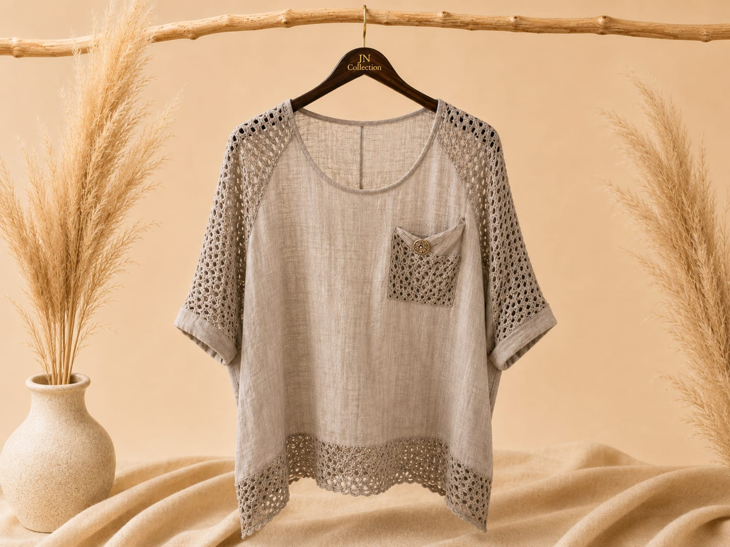 Damen Baumwoll Bluse Oversize Netzdetails Brusttasche Kurzarm Sommer – Produktbild 1
