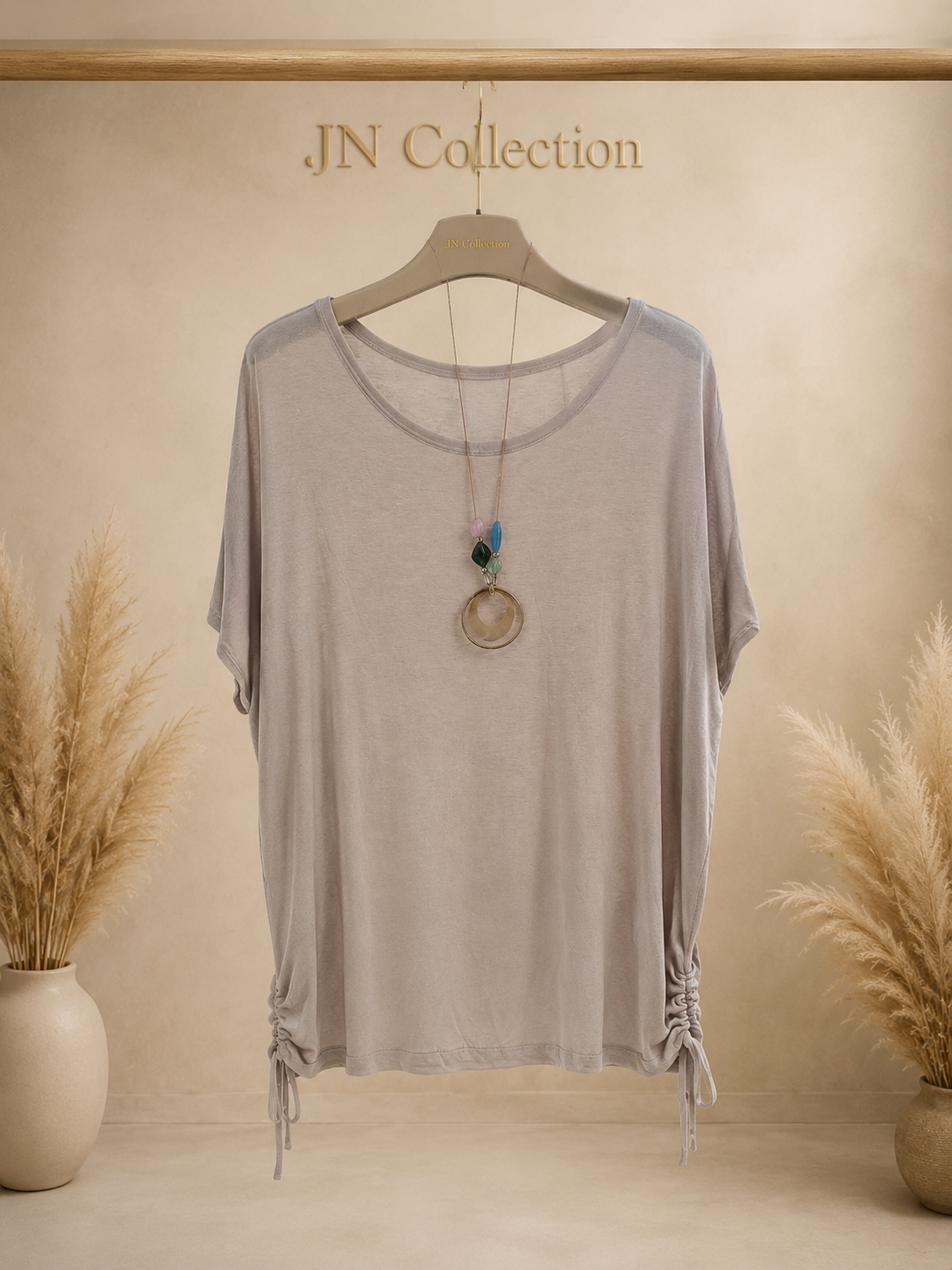 Curvy Oversize Shirt mit Kette Schleifen hinten Viskose Beige Taupe – Produktbild 1
