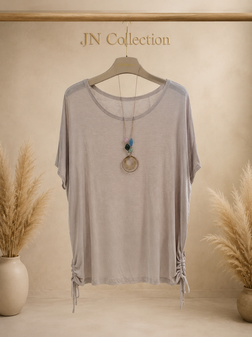 Curvy Oversize Shirt mit Kette Schleifen hinten Viskose Beige Taupe – Produktbild 1