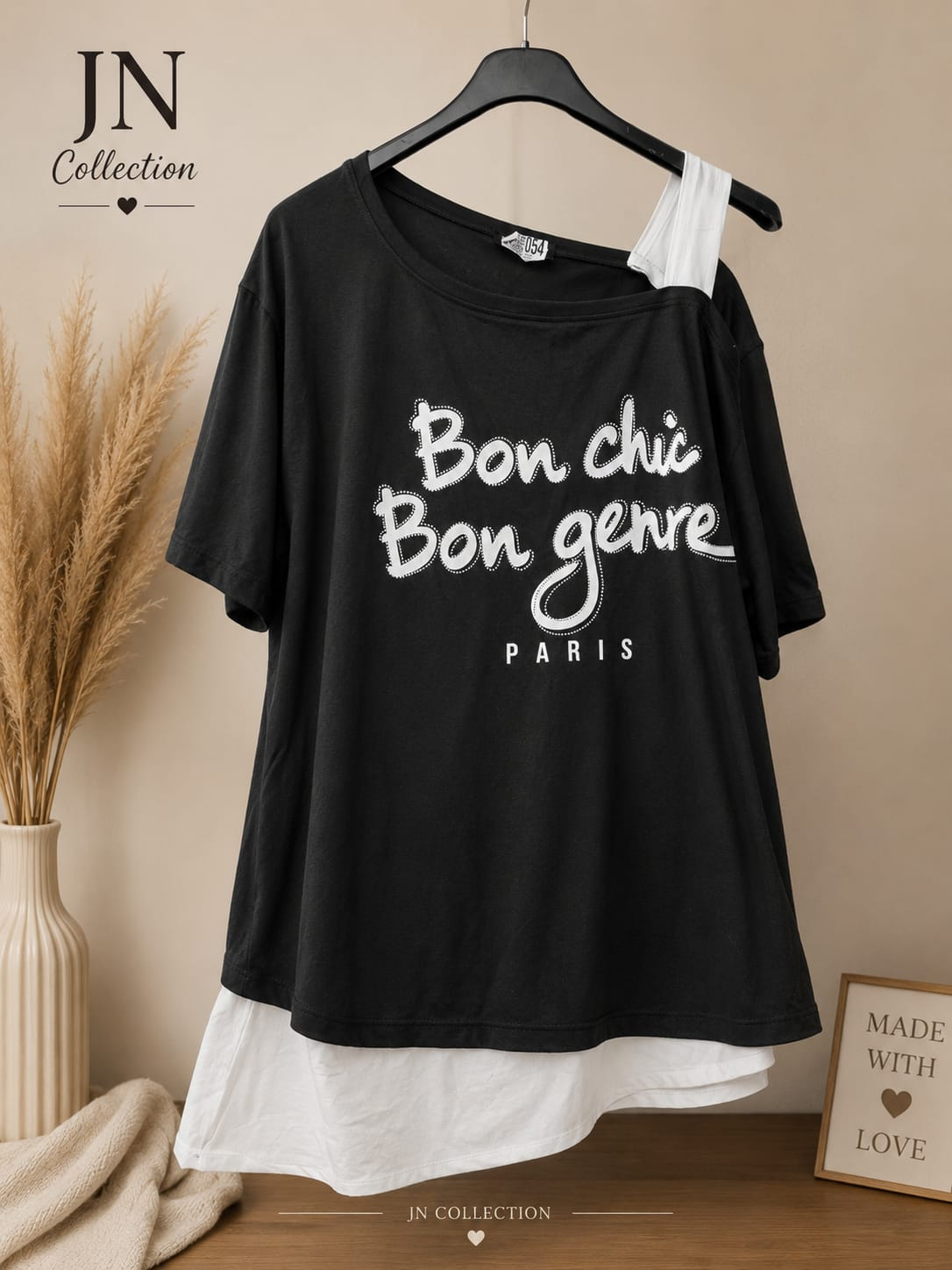 Damen Baumwoll Shirt Schwarz Weiß Lagenlook Bon Chic Paris Größe 40-46 – Produktbild 1