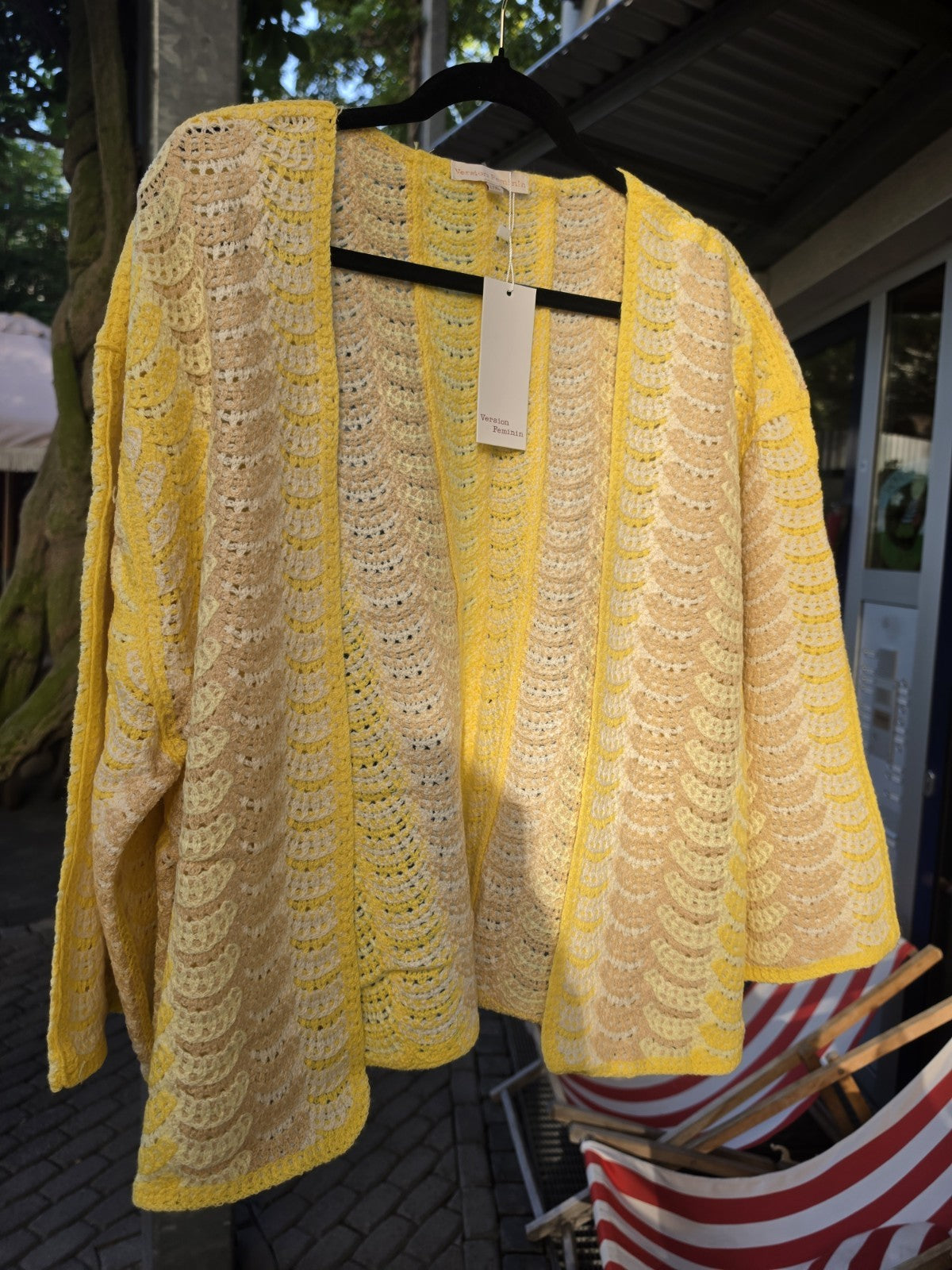 Version Feminin Häkelcardigan Oversize Gelb Beige Baumwolle L/XL Boho Sommer – Produktbild 2