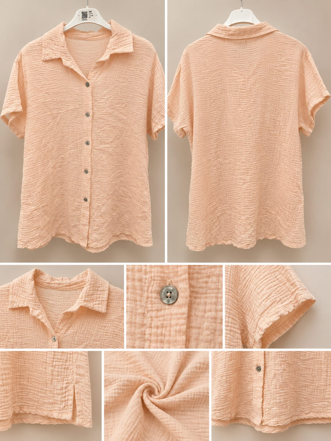 Musselin Bluse Damen Baumwolle Apricot Kurzarm Oversize Sommer Größe 40-46 – Produktbild 1