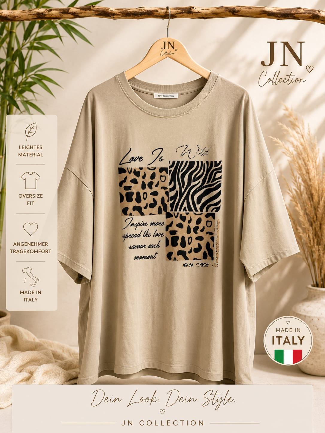 Damen Oversize Shirt Beige Leo Zebra Animalprint Gr 48-56 Made in Italy XXL – Produktbild 1