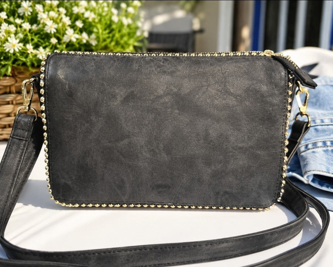 Damen Umhängetasche Schwarz Vintage Look Goldnieten Schultertasche Mittel – Produktbild 2