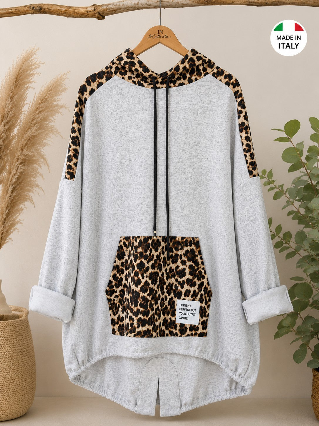 Damen Oversize Sweatshirt Tunika Grau Melange Leo Butterstoff Kapuze Größe 54/56 – Produktbild 1