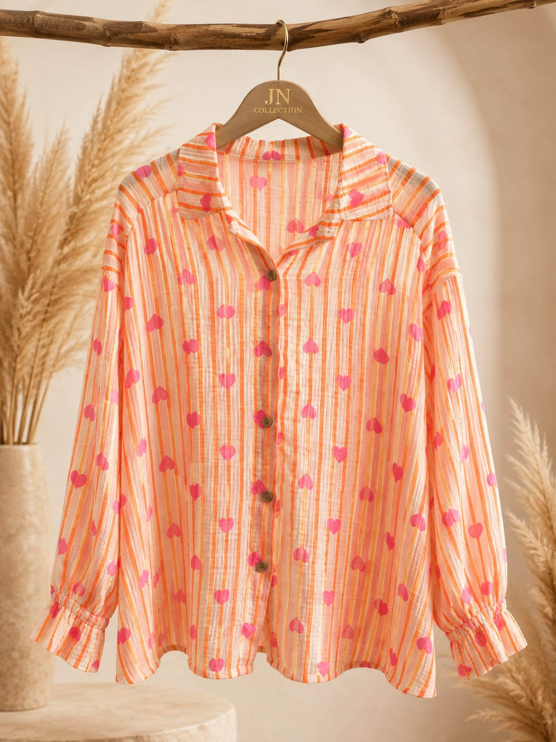Damen Musselin Bluse Orange Gestreift Herzen Baumwolle Made in Italy – Produktbild 1