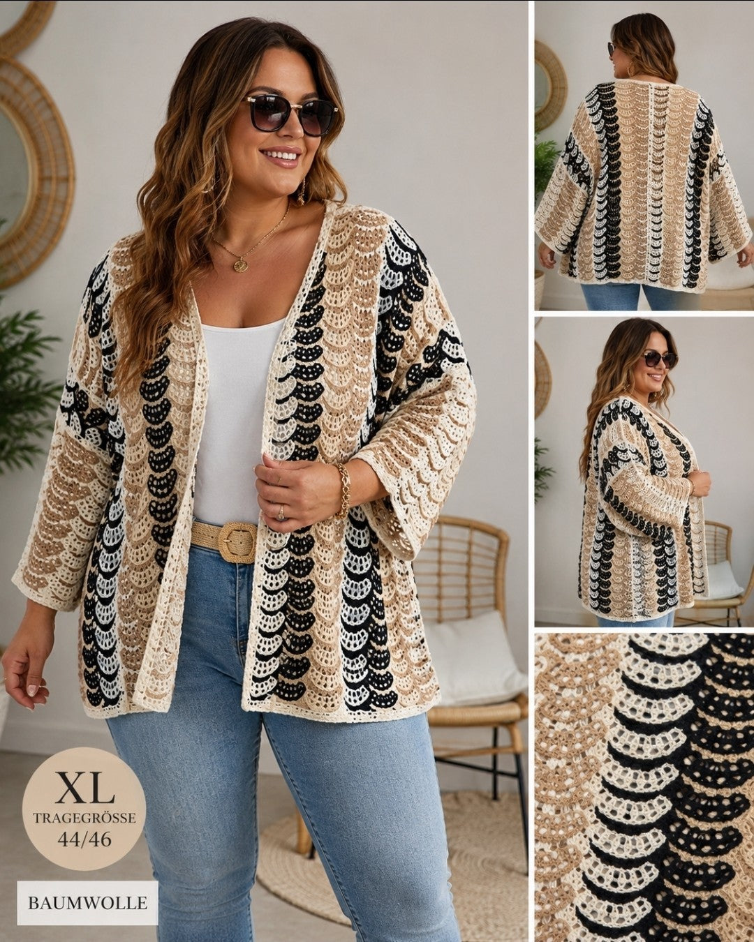 Boho Häkel-Cardigan L/XL Beige Schwarz Baumwolle Oversize Crochet Strickjacke – Produktbild 1