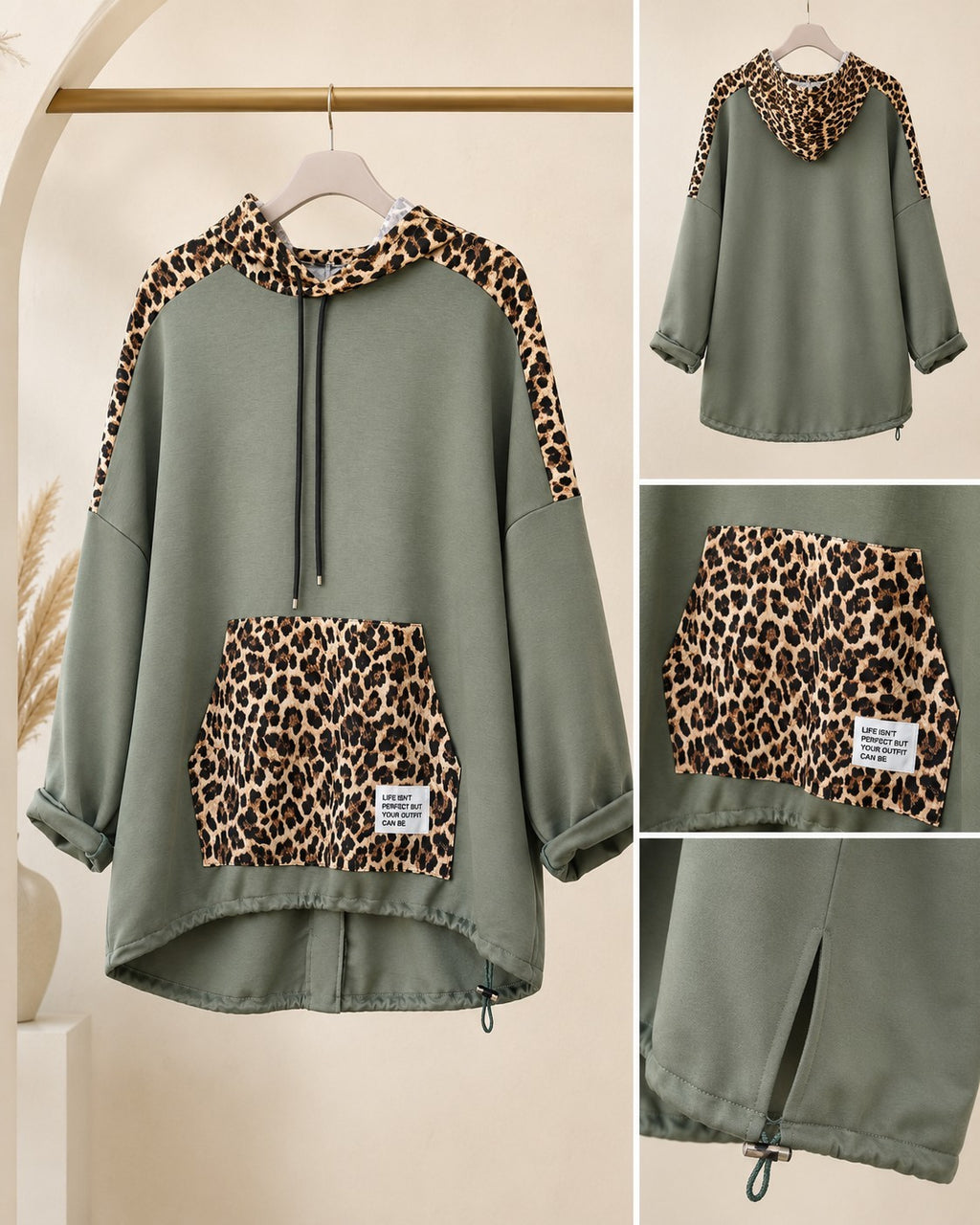 Damen Oversize Sweatshirt Tunika Leo Butterstoff Kapuze Größe 54/56 – Produktbild 2