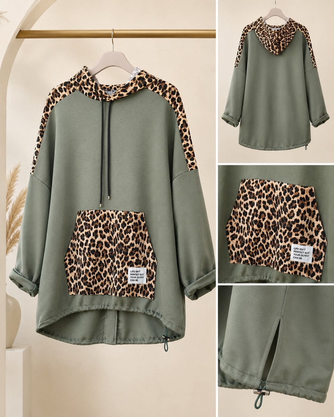 Damen Oversize Sweatshirt Tunika Leo Butterstoff Kapuze Größe 54/56 – Produktbild 2