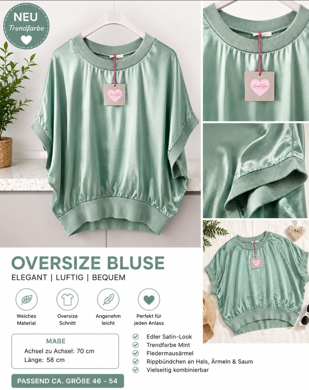 Oversize Satin Bluse Mint Damen Shirt Fledermausärmel Größe 46 48 50 52 54 – Produktbild 1