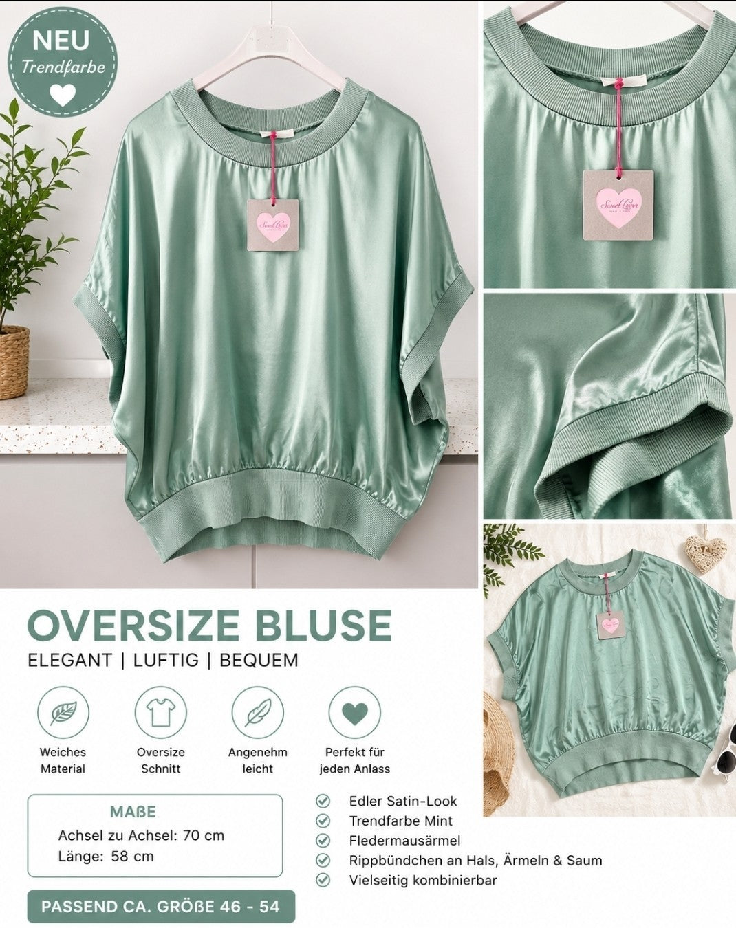Oversize Satin Bluse Mint Damen Shirt Fledermausärmel Größe 46 48 50 52 54 – Produktbild 1