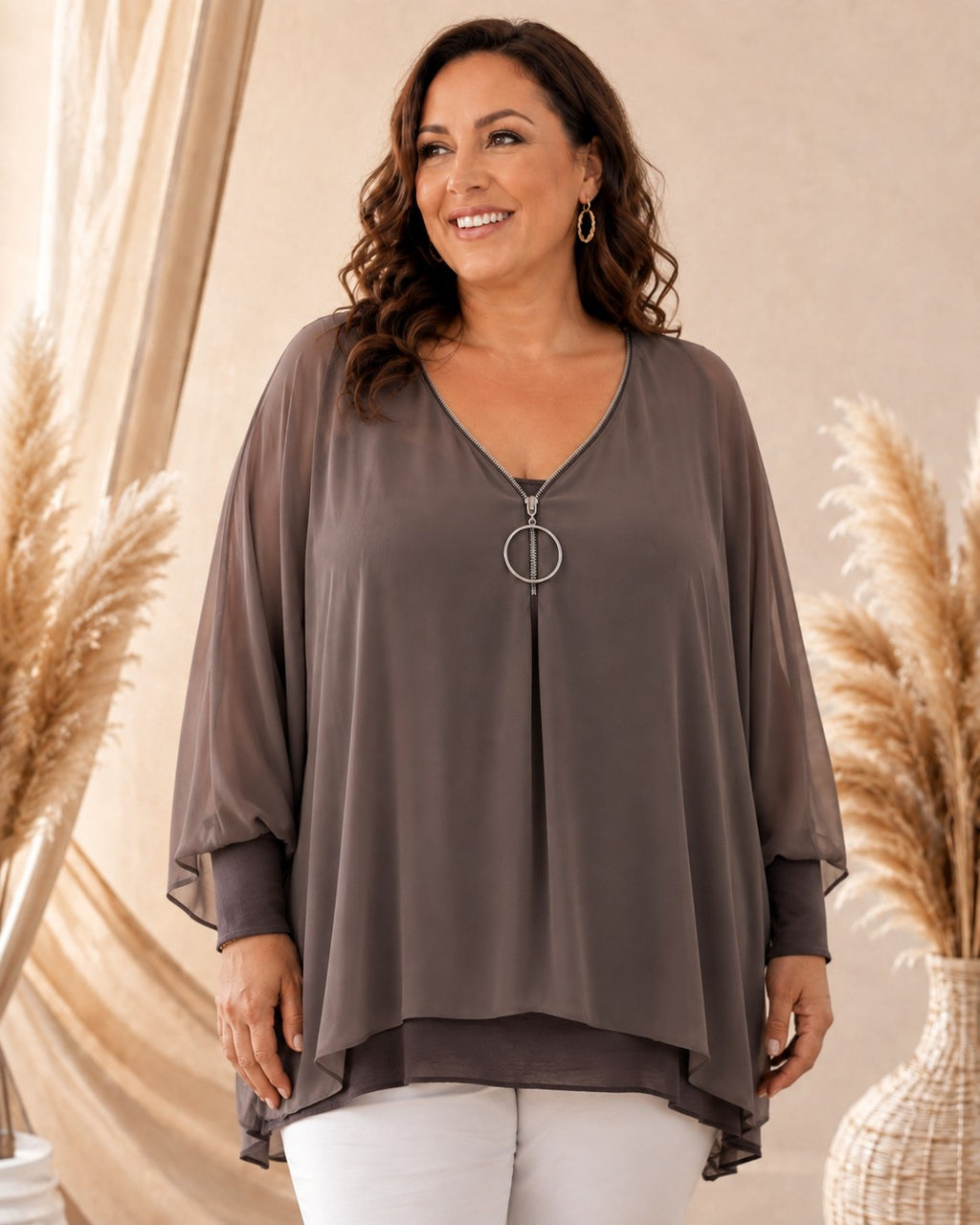 Damen Bluse Stretch-Top V-Ausschnitt Reißverschluss Curvy Made in Italy – Produktbild 3