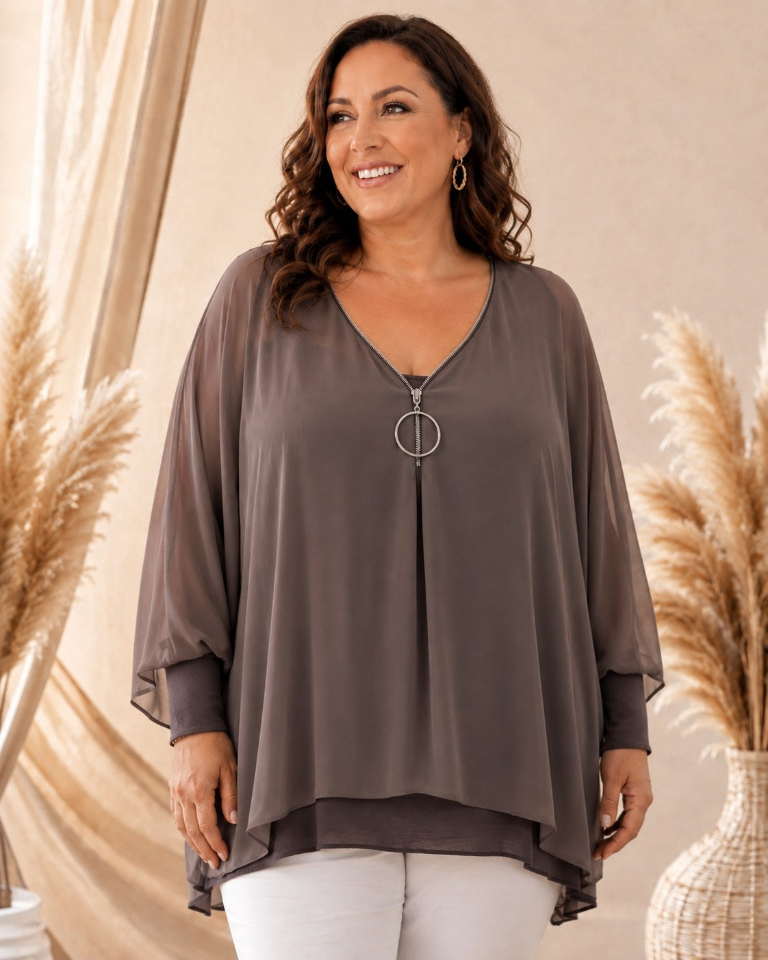 Damen Bluse Stretch-Top V-Ausschnitt Reißverschluss Curvy Made in Italy – Produktbild 3