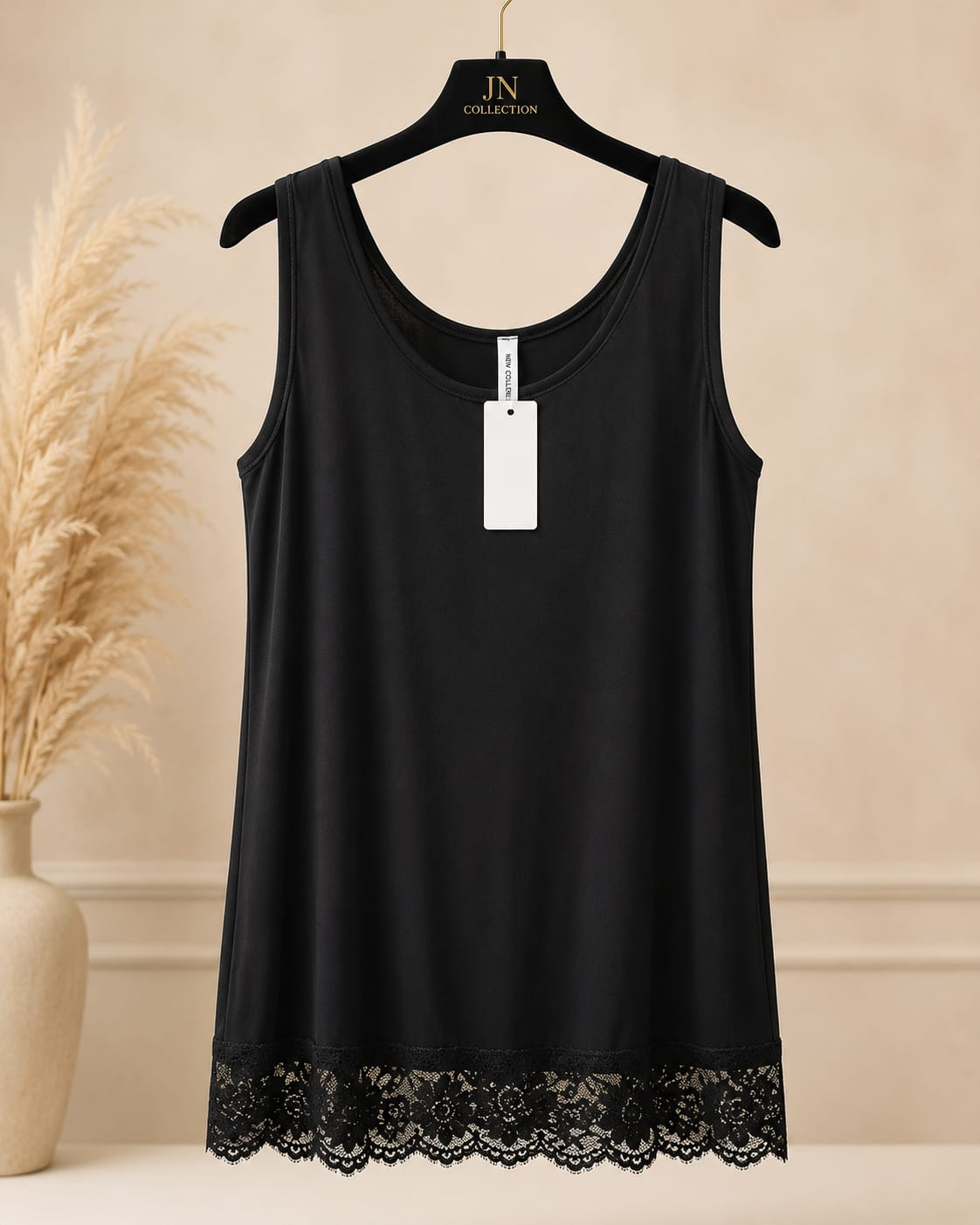 Damen Longtop Tunika Schwarz Spitze Ärmellos Stretch Oversize Große Größen Boho – Produktbild 1