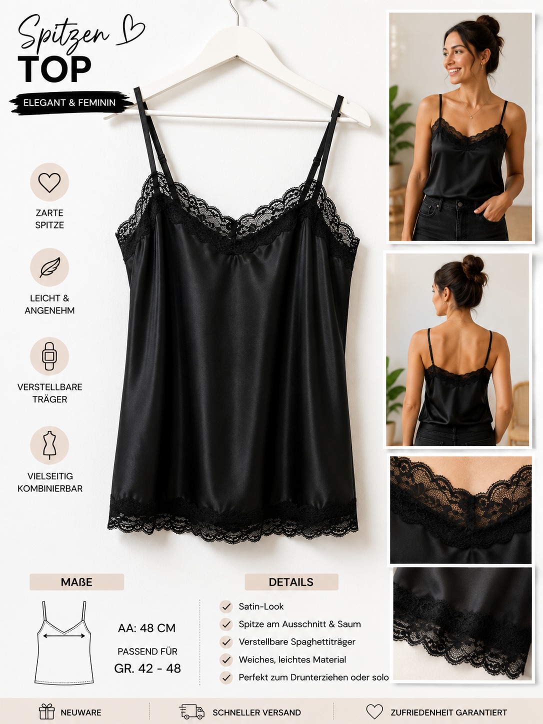 Spitzen Top Schwarz Satin-Look Damen Cami Trägertop Größe 38–46 Elegant – Produktbild 1