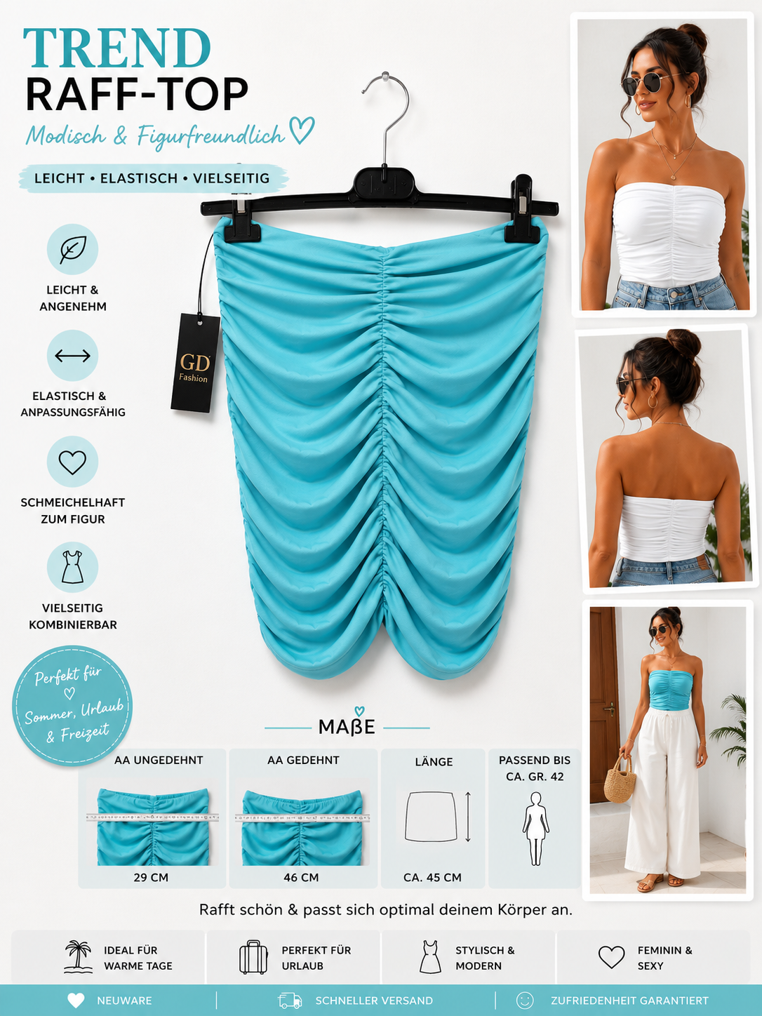 Bandeau Top Türkis Raff-Top Stretch Damen Sommer Größe 36–42 trägerlos – Produktbild 1