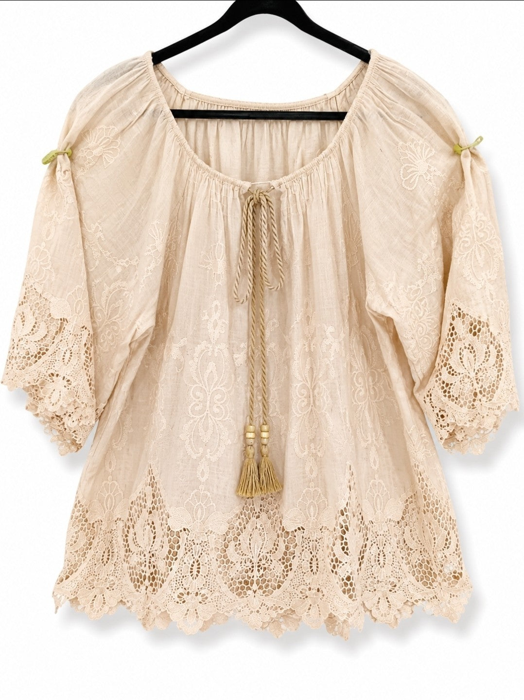 Boho Spitzenbluse Beige Creme Oversize Tunika Häkelspitze Größe 46–54 Italy – Produktbild 1