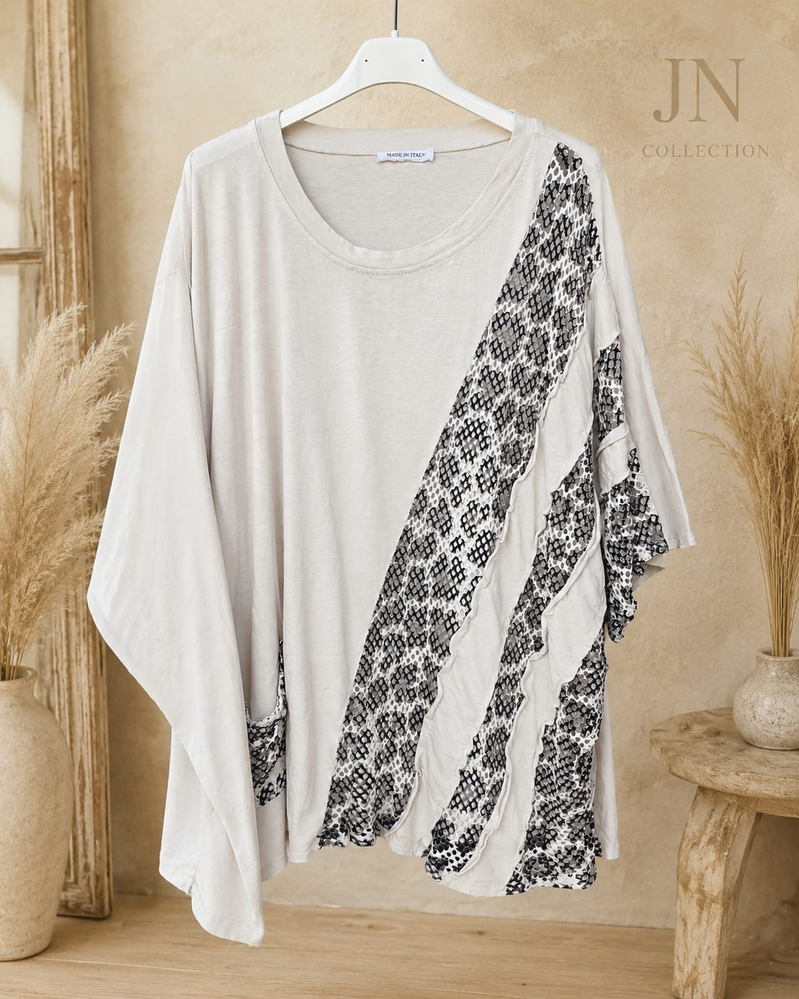 Damen Oversize Tunika Shirt Schlangenprint Rüschen Beige 50–60 Made in Italy – Produktbild 1