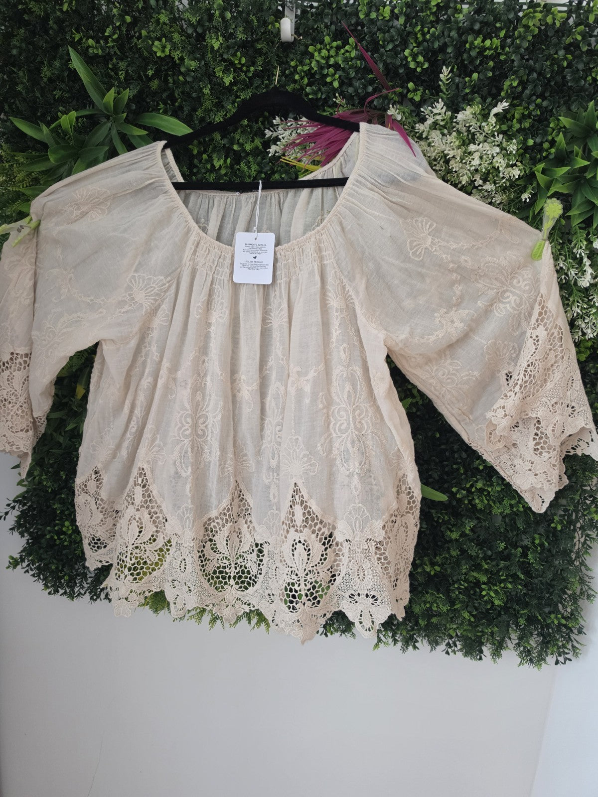 Boho Spitzenbluse Beige Creme Oversize Tunika Häkelspitze Größe 46–54 Italy – Produktbild 3