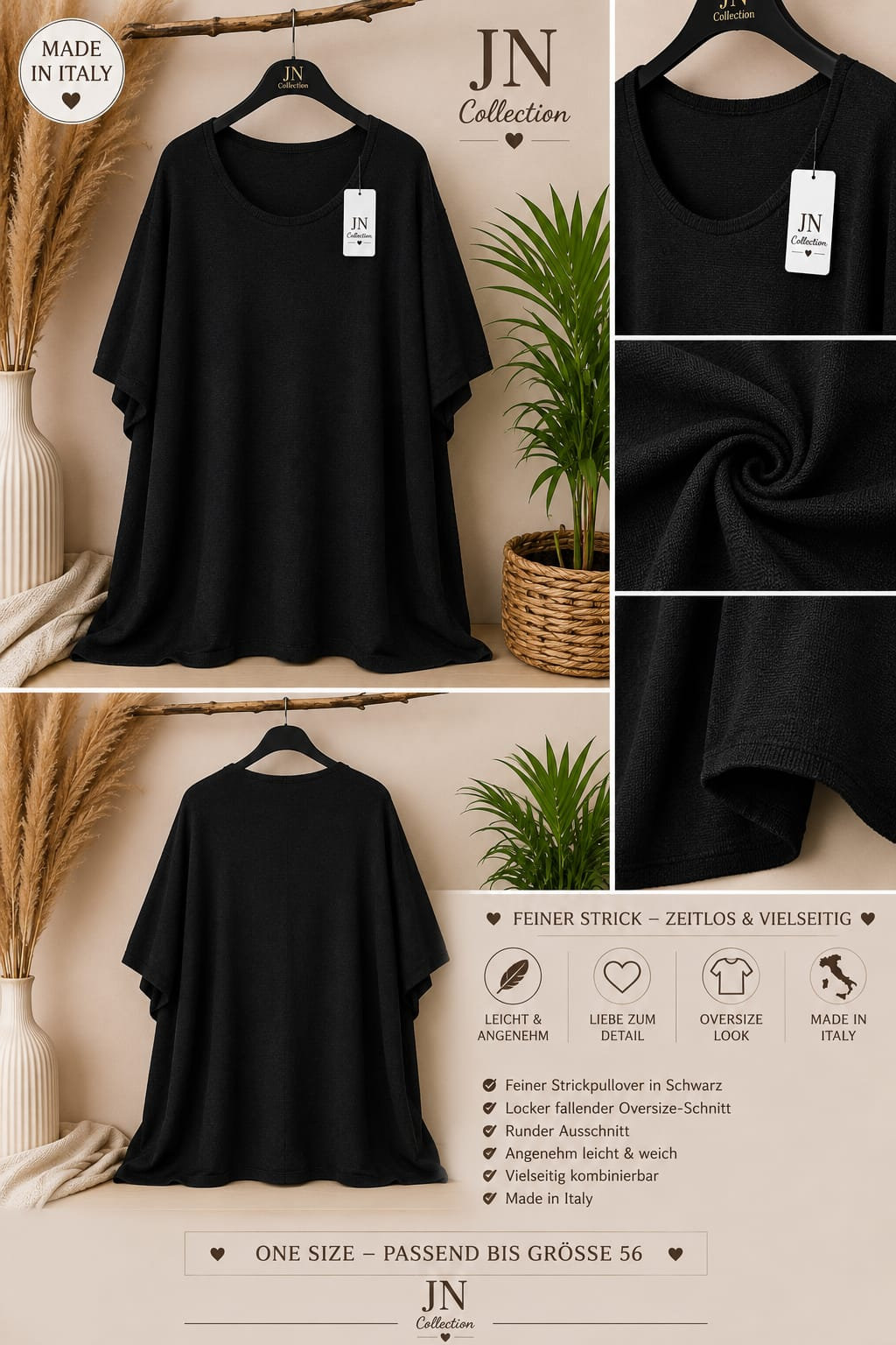 Damen Oversize Strickpullover Schwarz Feinstrick Made in Italy Größe 46-56 – Produktbild 1