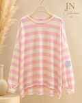 Damen Ringelpullover Rosa Creme Oversize Viskose Longshirt Curvy 44-56 – Produktbild 1