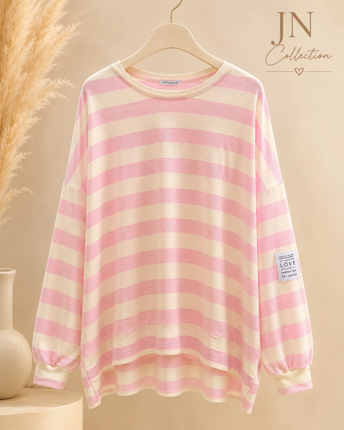 Damen Ringelpullover Rosa Creme Oversize Viskose Longshirt Curvy 44-56 – Produktbild 1