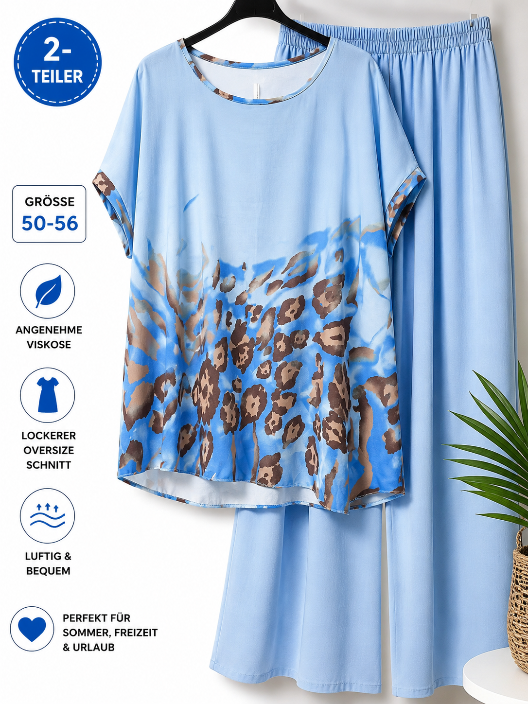 Damen 2-Teiler Hellblau Viskose Oversize Set Sommer Schlupfhose Curvy Größe 50–58 – Produktbild 1