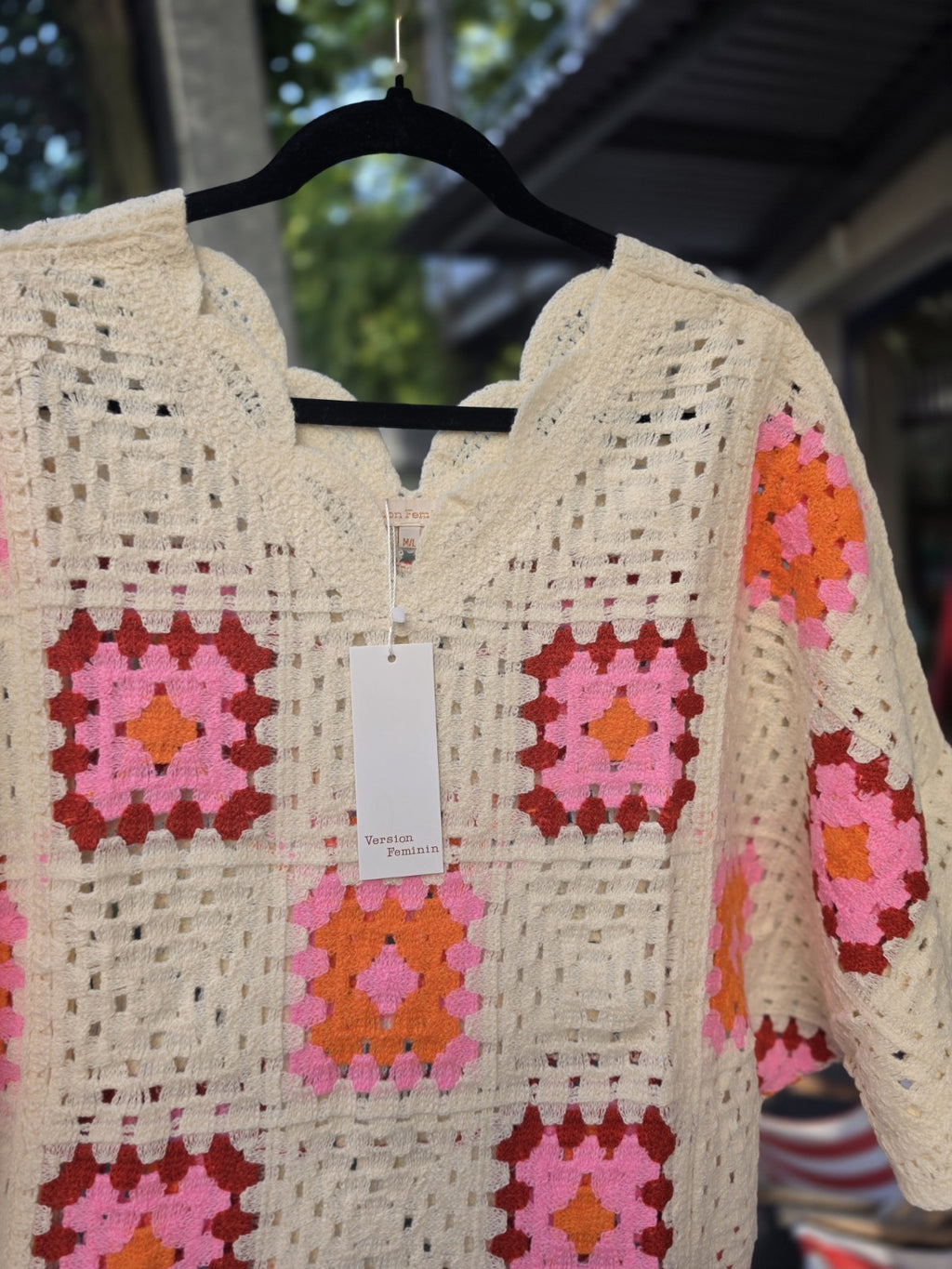 Boho Häkel Pullover Oversize Creme Pink Orange Granny Squares Baumwolle Einheitsgröße – Produktbild 3