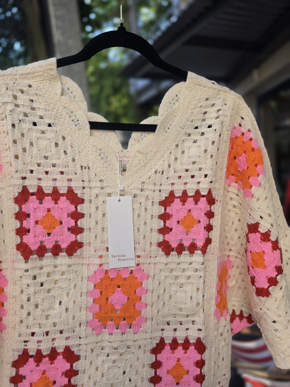 Boho Häkel Pullover Oversize Creme Pink Orange Granny Squares Baumwolle Einheitsgröße – Produktbild 3