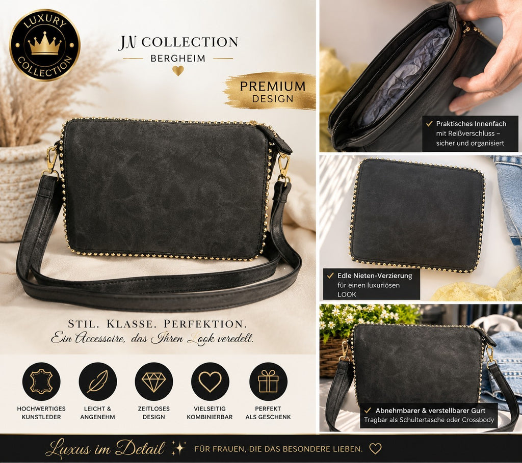 Damen Umhängetasche Schwarz Vintage Look Goldnieten Schultertasche Mittel – Produktbild 1