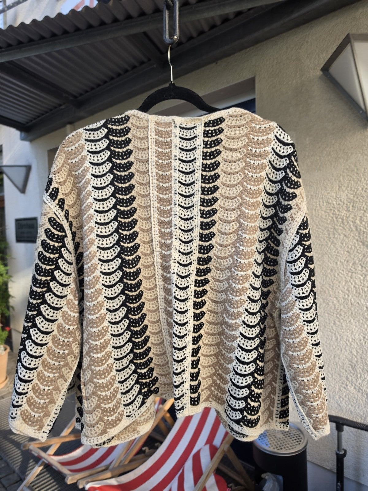 Boho Häkel-Cardigan L/XL Beige Schwarz Baumwolle Oversize Crochet Strickjacke – Produktbild 5